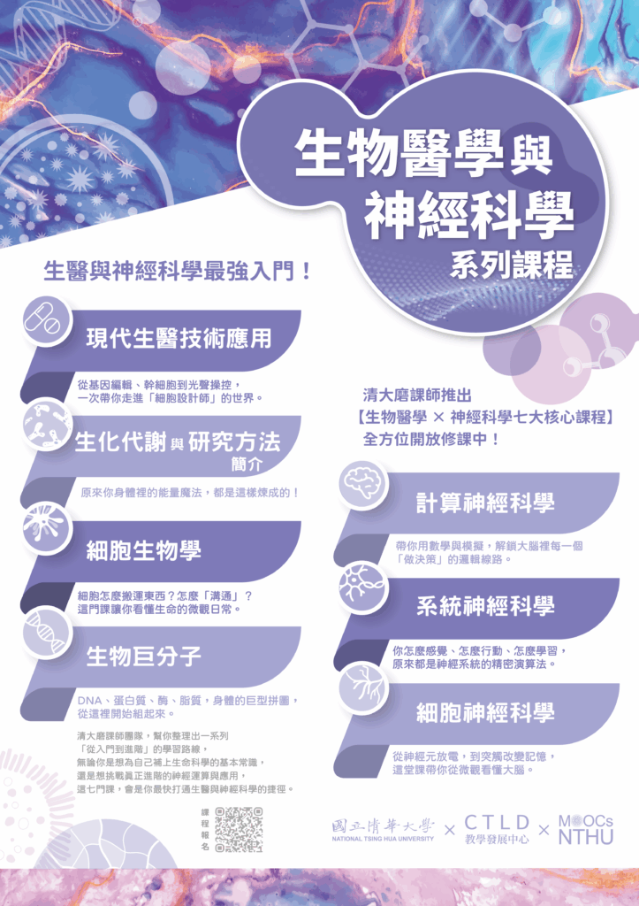 生醫與神經科學最強入門!清大磨課師推出【生物醫學 × 神經科學七大核心課程】,全方位開放修課中! 生醫與神經科學最強入門!清大磨課師推出【生物醫學 × 神經科學七大核心課程】,全方位開放修課中!