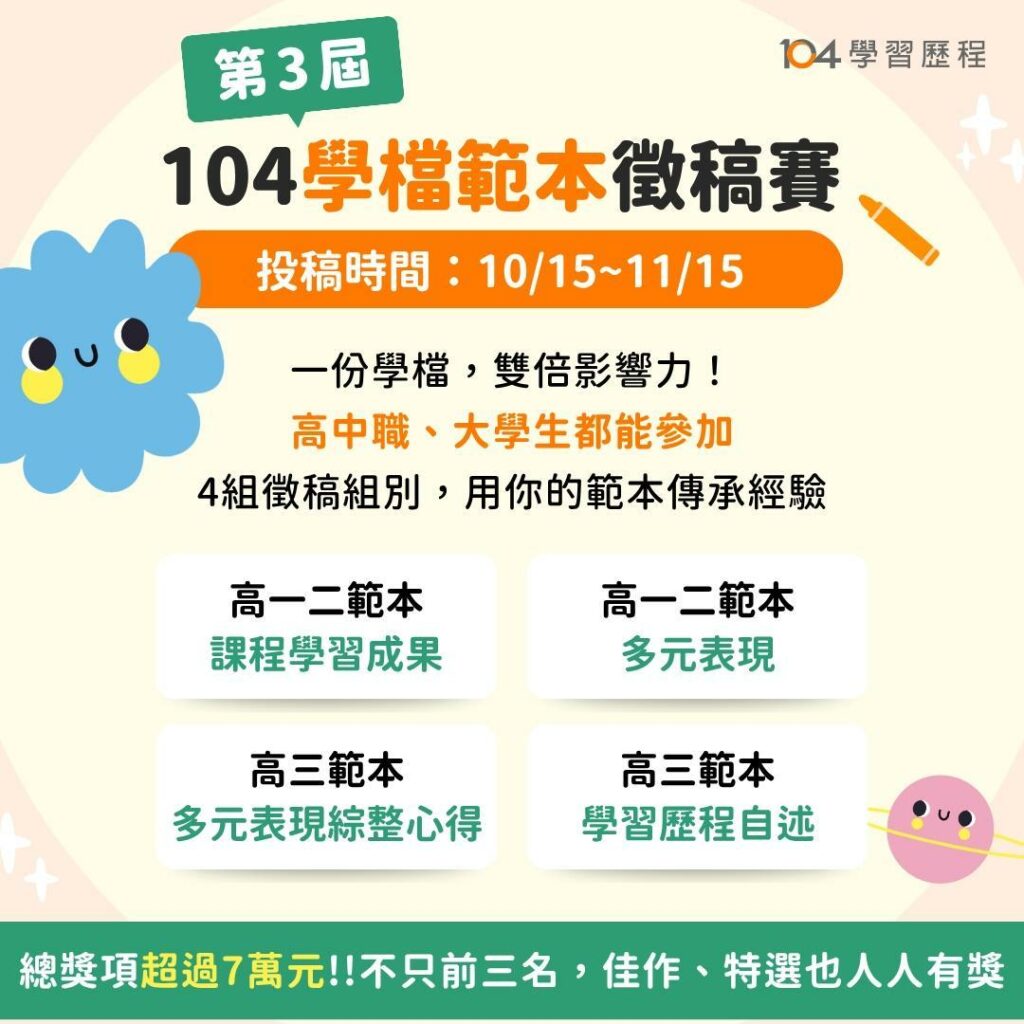 【104人力銀行】舉辦學習歷程範本徵稿競賽，敬邀師長 鼓勵同學踴躍參加，爭取獎狀及獎金。