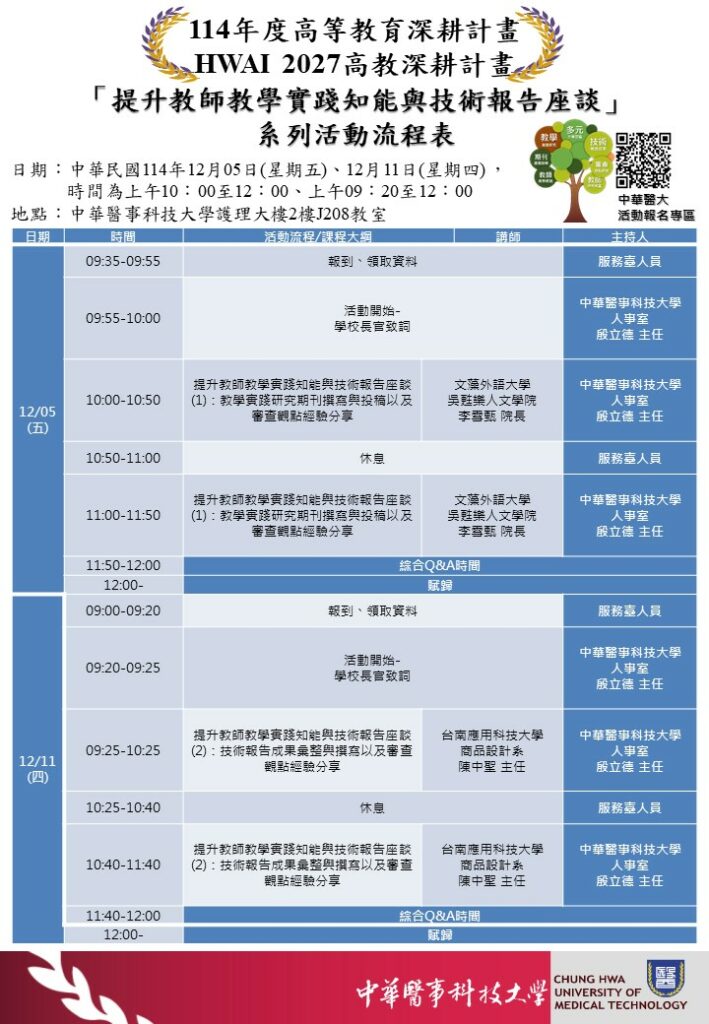 中 華 醫 事 科 技 大 學 CHUNG HWA UNIVERSITY OF MEDICAL TECHNOLOGY 114年度高等教育深耕計畫 HWAI 2027 高教深耕計畫 「提升教師教學實踐知能與技術報告座談」系列